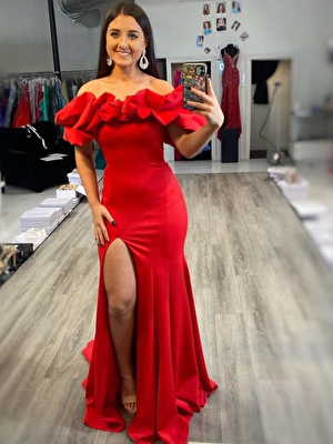 Tomato off the shoulder gown Jovani 04368