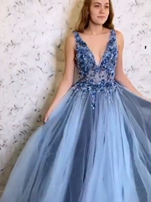 Floral bodice blue prom ballgown 3110