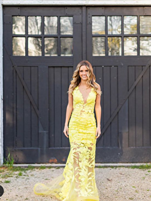 Yellow sheer embellished prom dress 60283