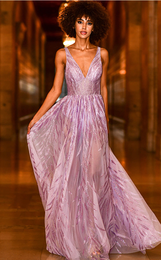 jovani Jovani 06687 Lilac V Neck Maxi Couture Dress