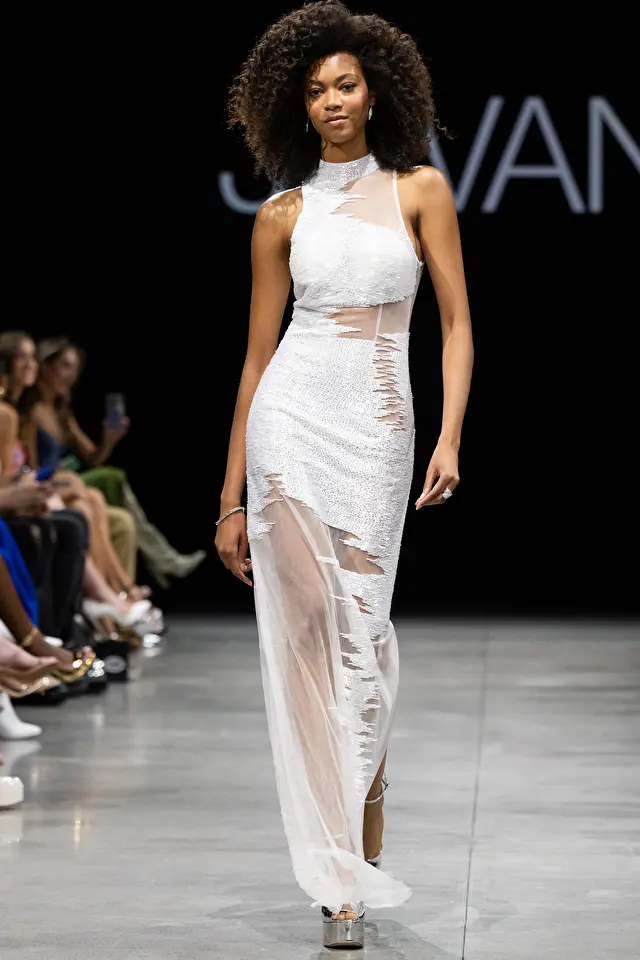 Model wearing Jovani style 25974 couture dress