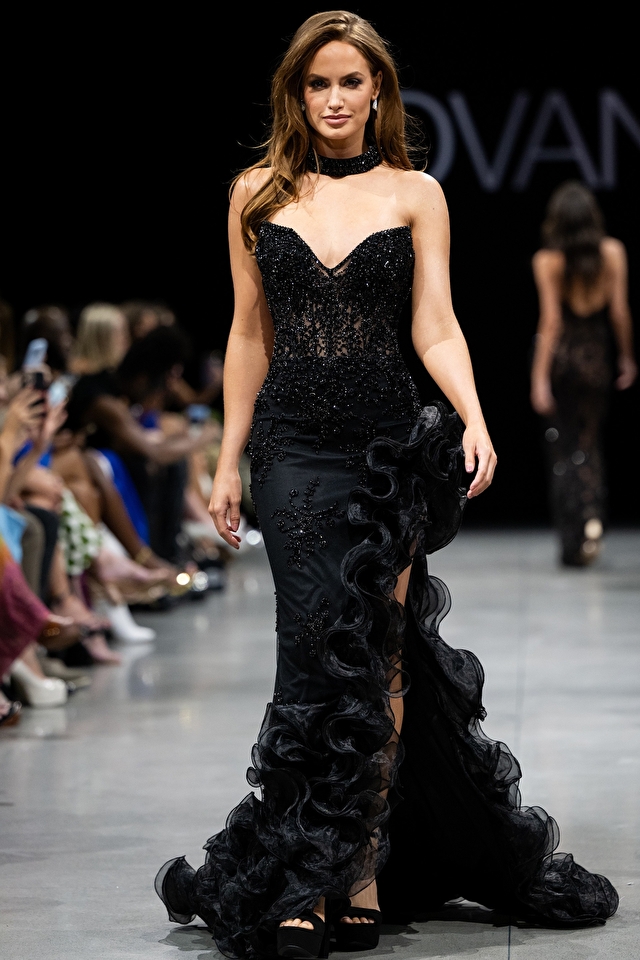 Model wearing Jovani style 37036 couture dress