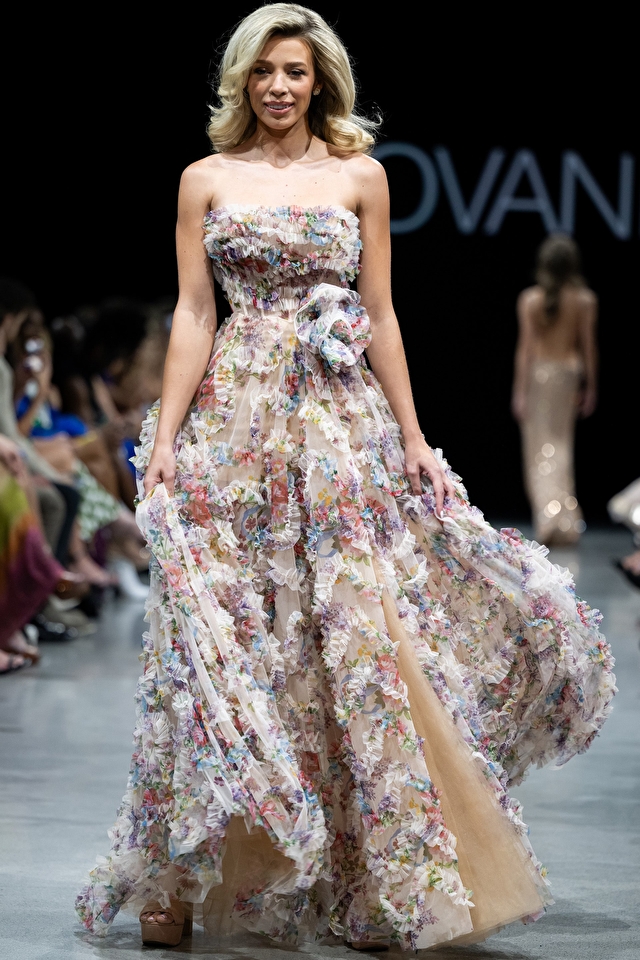Model wearing Jovani style 38650 couture dress