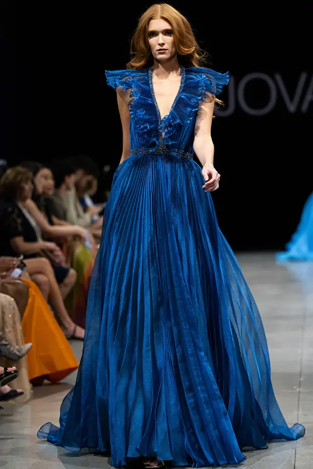 Model wearing Jovani style S22362 couture dress