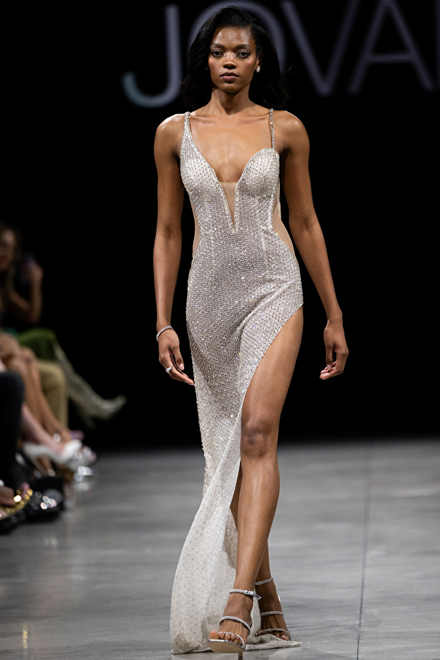 Model wearing Jovani style S23022 couture dress