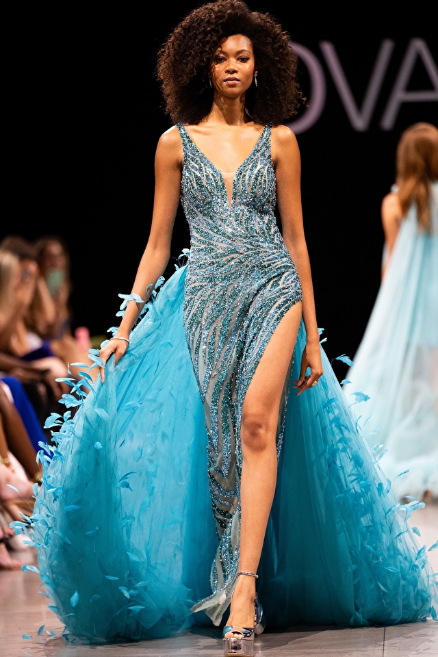 Model wearing Jovani style S23074 couture dress