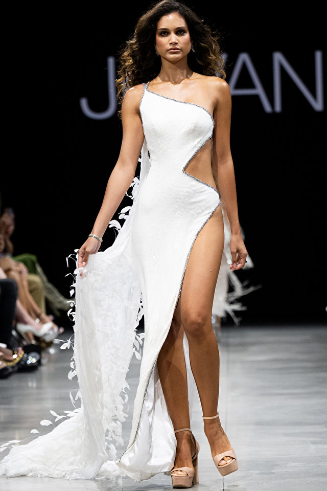 Model wearing Jovani style S23231 couture dress