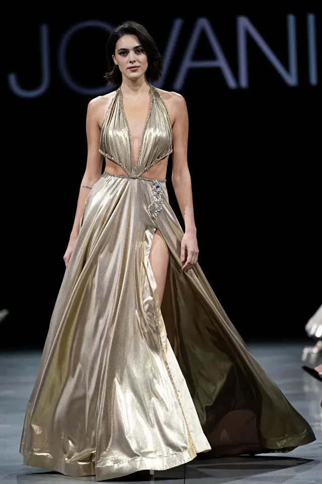 Model wearing Jovani style S37498 couture dress