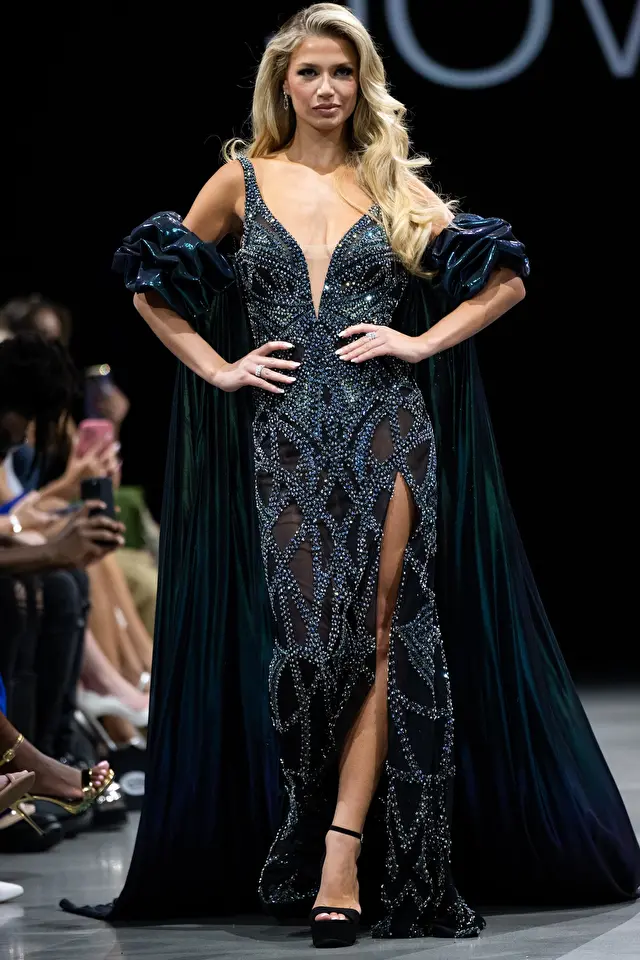 Model wearing Jovani style S39121 couture dress