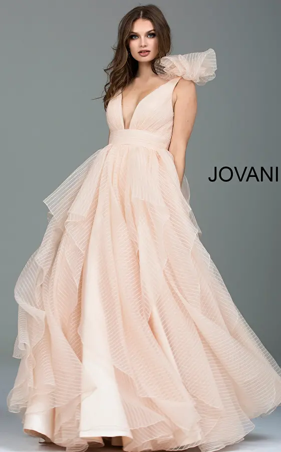 jovani Blush Plunging Neckline Dress 55210