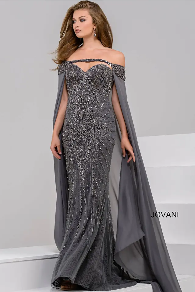 Model wearing Jovani style 45566 silver gray dress