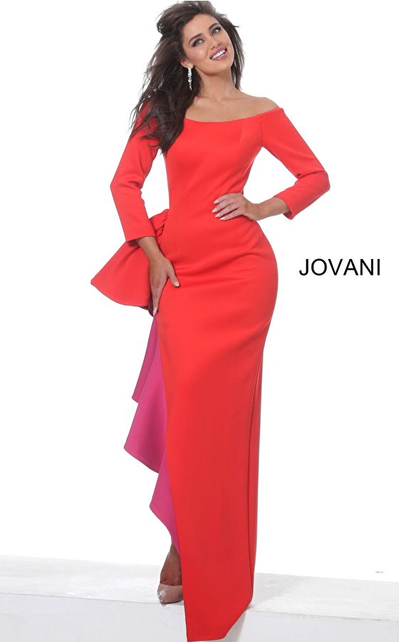 Jovani 00574 Red Fuchsia Off the Shoulder Evening Dress