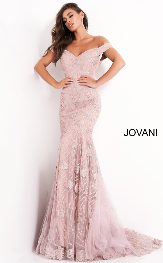 Jovani 00617 Mauve Off the Shoulder Evening Dress