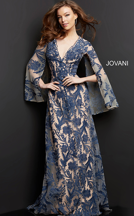 Jovani 00752 Champagne Lace V Neck Plus Size Evening Dress
