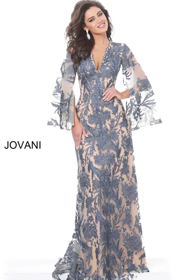jovani Jovani 00752 Navy Nude V Neck Lace Mother of the Bride Dress