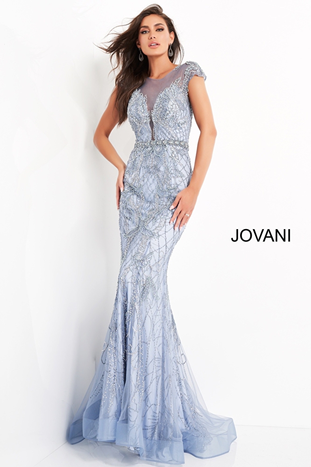 Jovani 00883 | Light Blue Cap Sleeve Beaded mother of the bride Dress