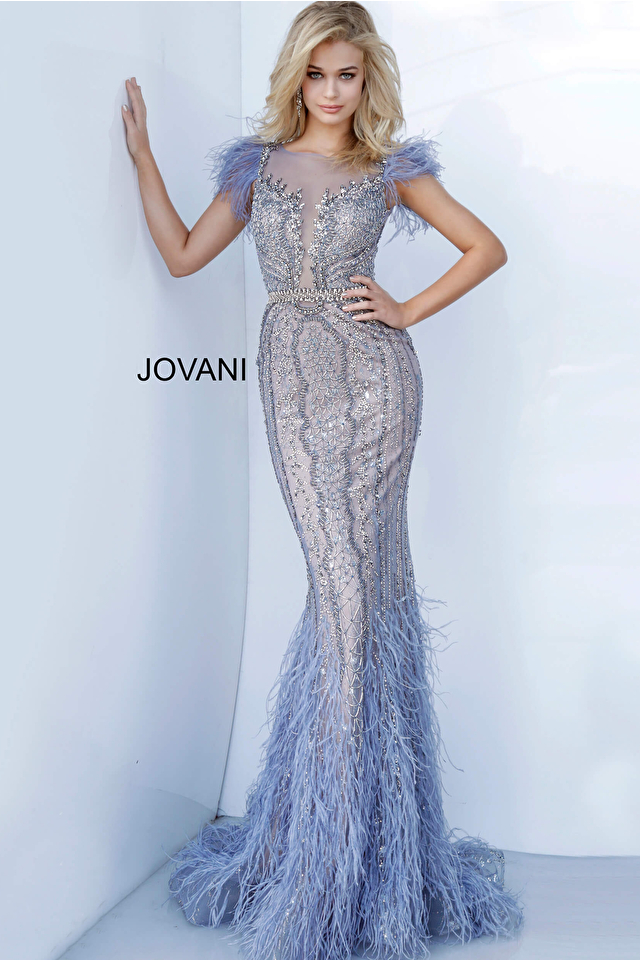 Jovani Dress 02326 | Vintage Blue Sheer Beaded Dress