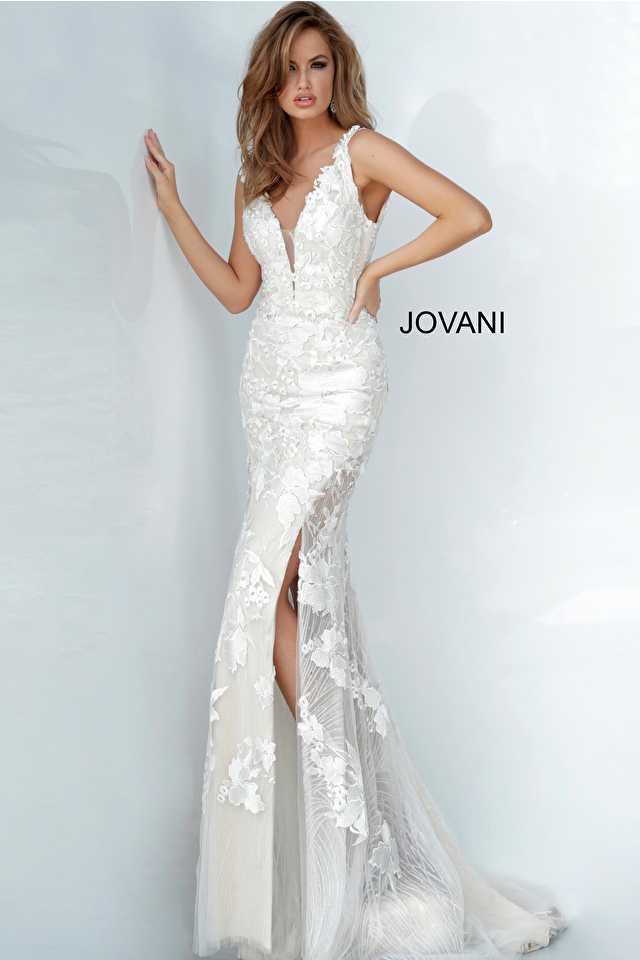 Jovani 02773 | White Floral Embroidered Beaded Lace Dress