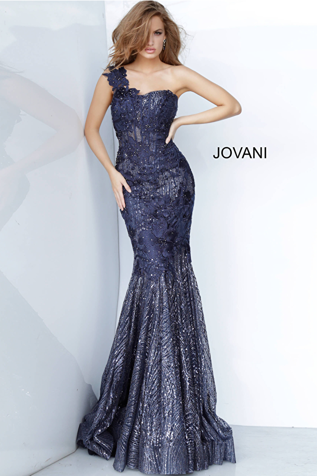 Jovani Dress 02445 | Navy One Shoulder Beaded Mermaid Dress