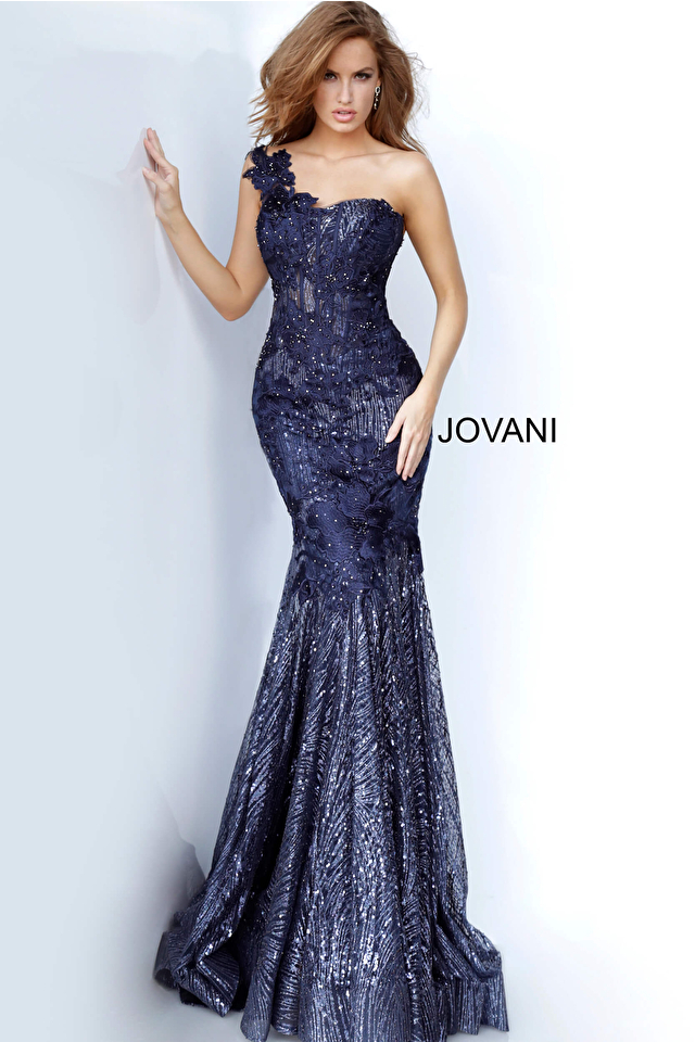 Model wearing Jovani style 02445 one shoulder dress