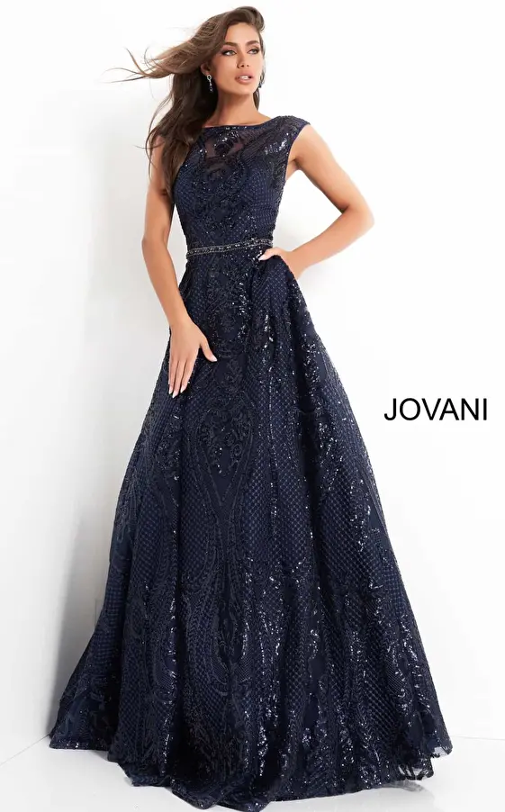 jovani Jovani 02514 Navy Embellished A Line Mother of the Bride Dress