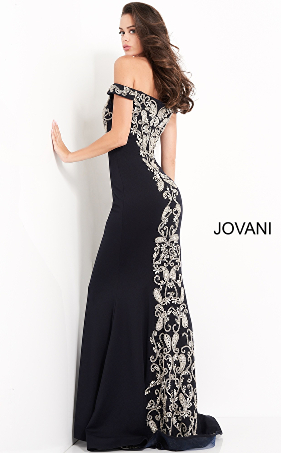Jovani 02576 Navy Off the Shoulder Embroidered Evening Dress
