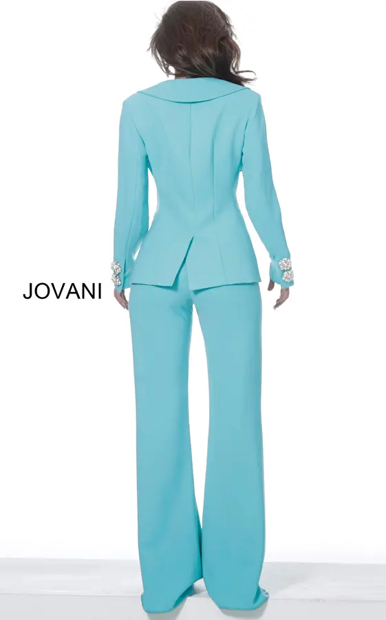 Turquoise pant suit Jovani 02637 back view