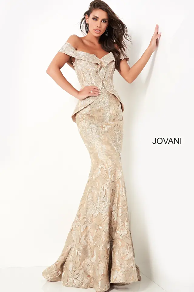 Model wearing Jovani style 02762 gold dress
