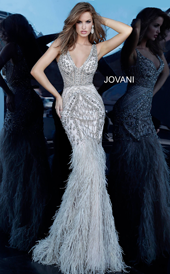 Jovani 02798 Feather Bottom Embellished Evening Dress