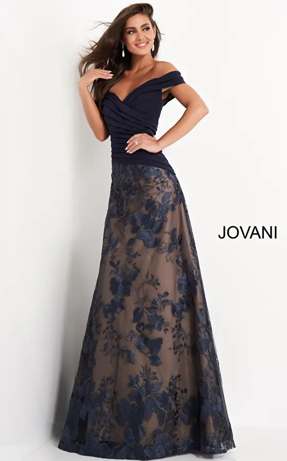 Jovani 02852 Navy Pleated Bodice A Line Mother of the Bride Dress