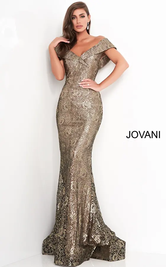 jovani Jovani 02920 Black Gold Fitted V neck Evening Dress
