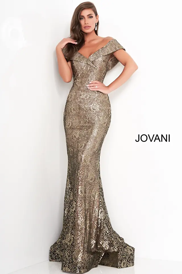 Model wearing Jovani style 02920 gold dress