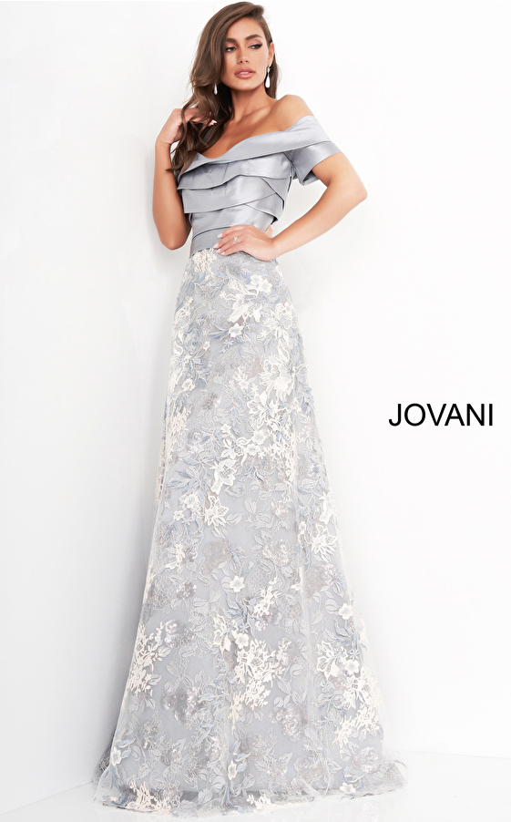 grey off the shoulder Jovani MOB and evening dress 02921