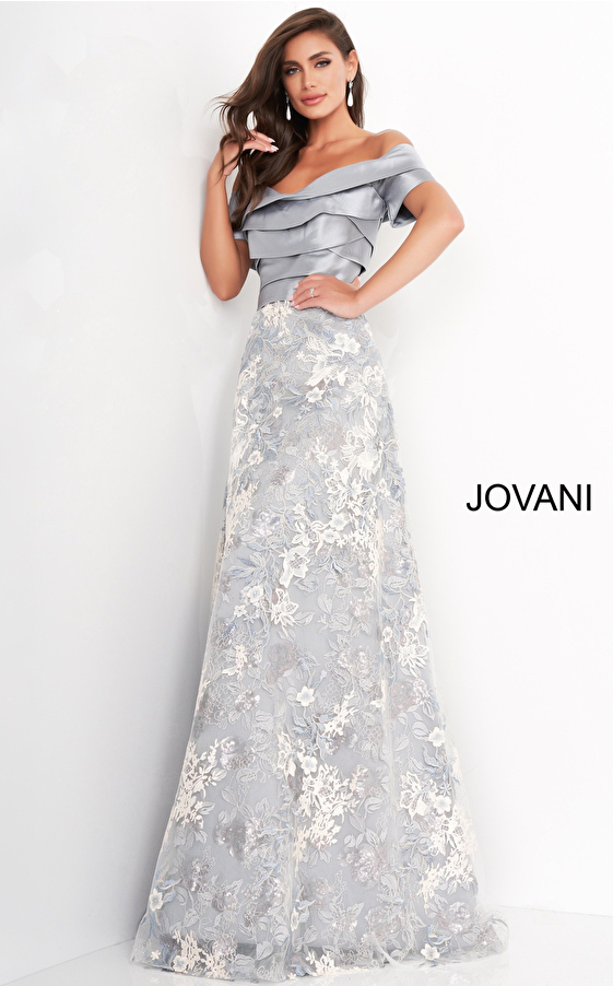 Jovani 02921 Grey Multi A Line Short Sleeve Mother of the Bride Dress
