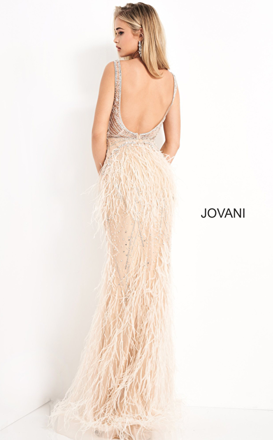 Jovani 03023 Off White Plunging Neck Embellished Evening Dress