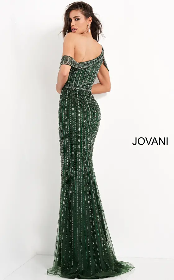 Jovani 03124 Emerald Beaded One Shoulder Evening Dress