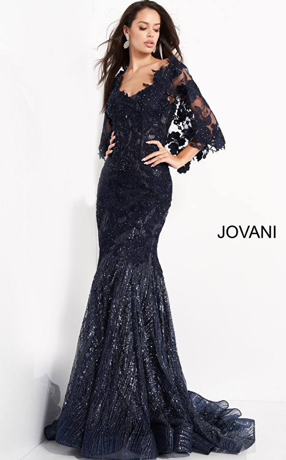 jovani Jovani 03158 Navy Cape Sleeve Lace Mother of the Bride Dress