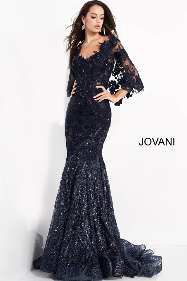jovani Jovani 03158 Navy Cape Sleeve Lace Mother of the Bride Dress