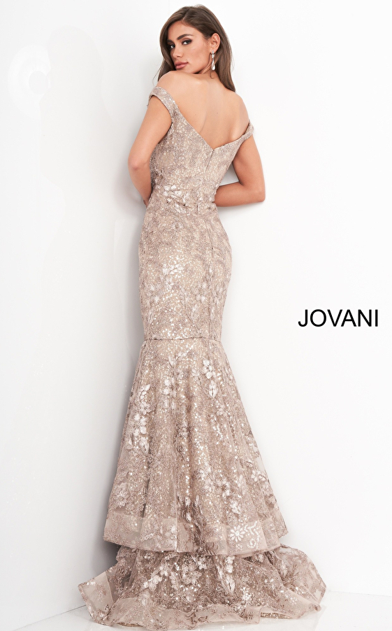 Jovani 03264 Taupe Off the Shoulder Mother of the Bride  Dress
