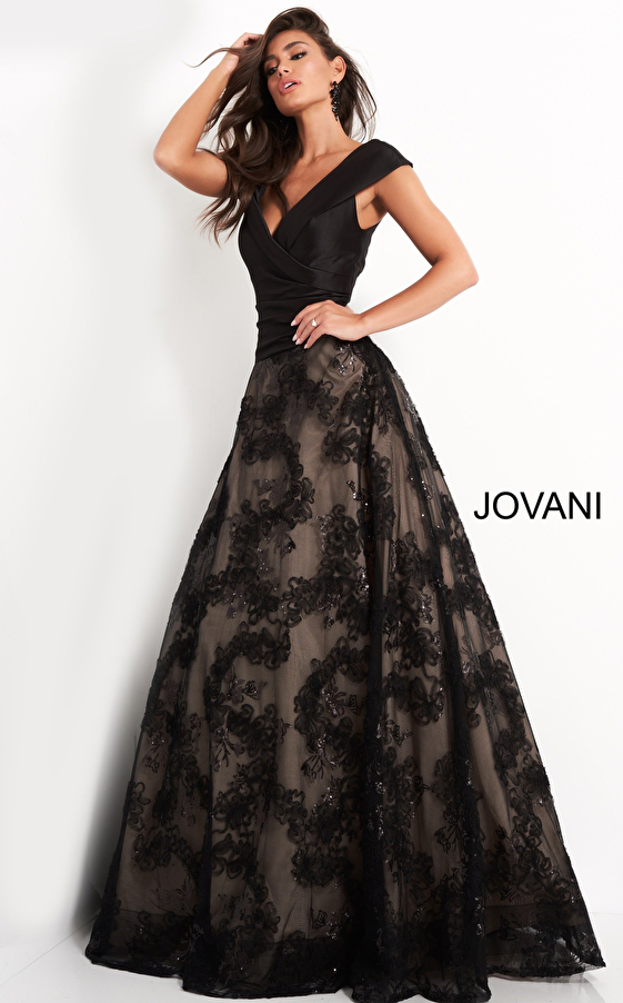 jovani Jovani 03330 Black A Line V Neck Evening Gown