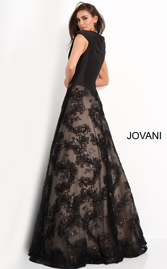 Jovani 03330 Black A Line V Neck Evening Gown