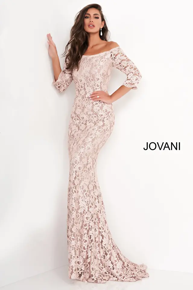 jovani Jovani 03349 Taupe Boat Neckline Lace Evening Dress