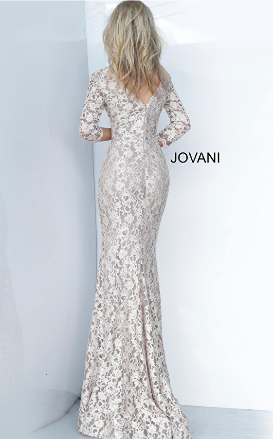 Jovani 03350 V Neck Fitted Lace Evening Dress