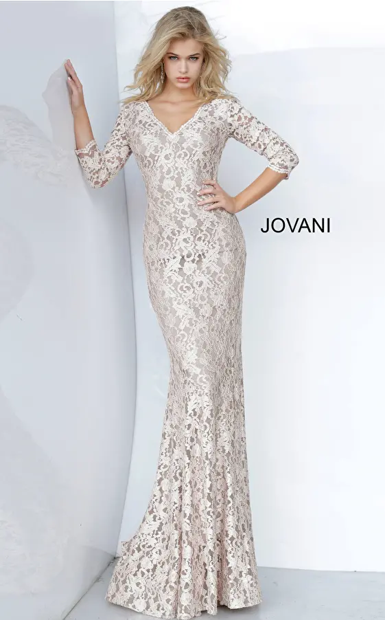 jovani Jovani 03350 V Neck Fitted Lace Evening Dress