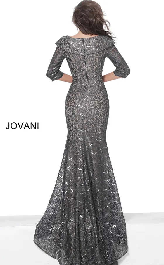 Jovani 03426 Grey Three Quarter Sleeve Lace Evening Dress