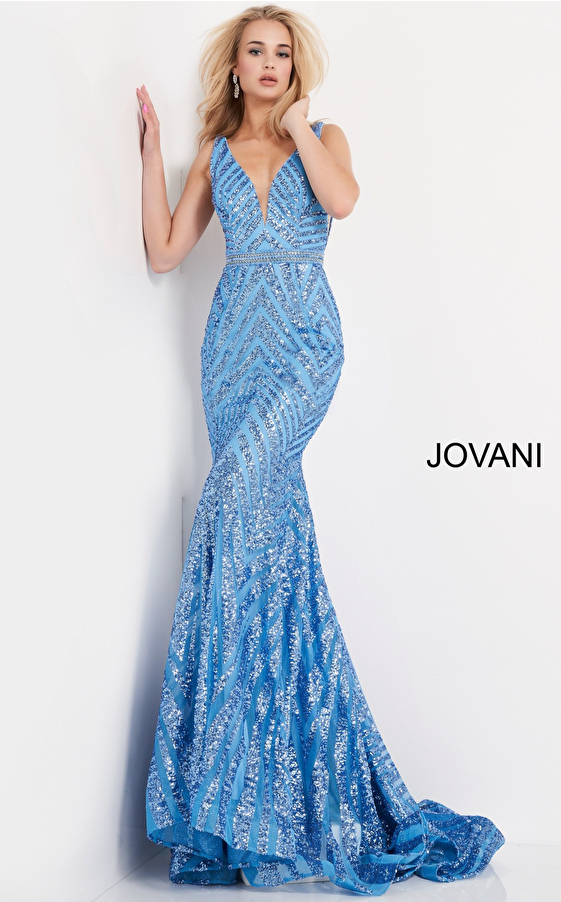 Jovani 03570 Light Blue Plunging Neck Sleeveless Prom Dress