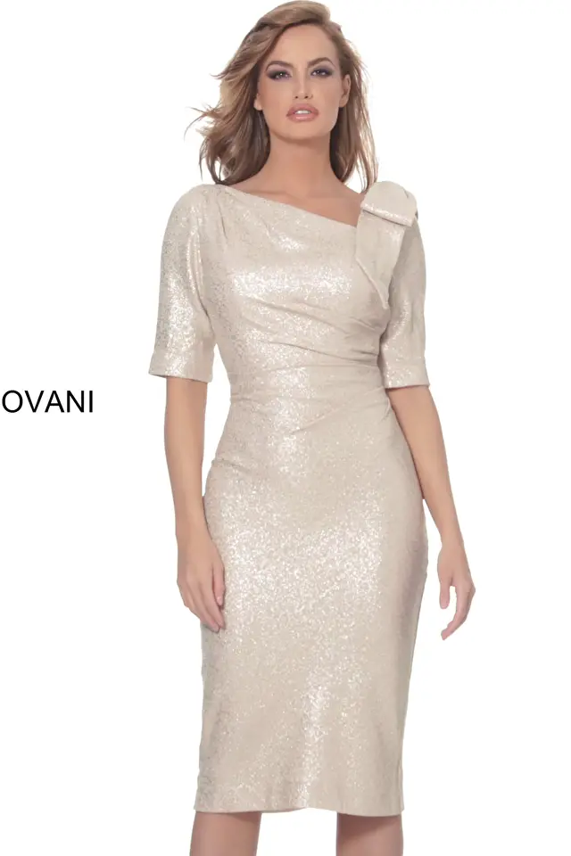 Model wearing Jovani style 03641 gold dress