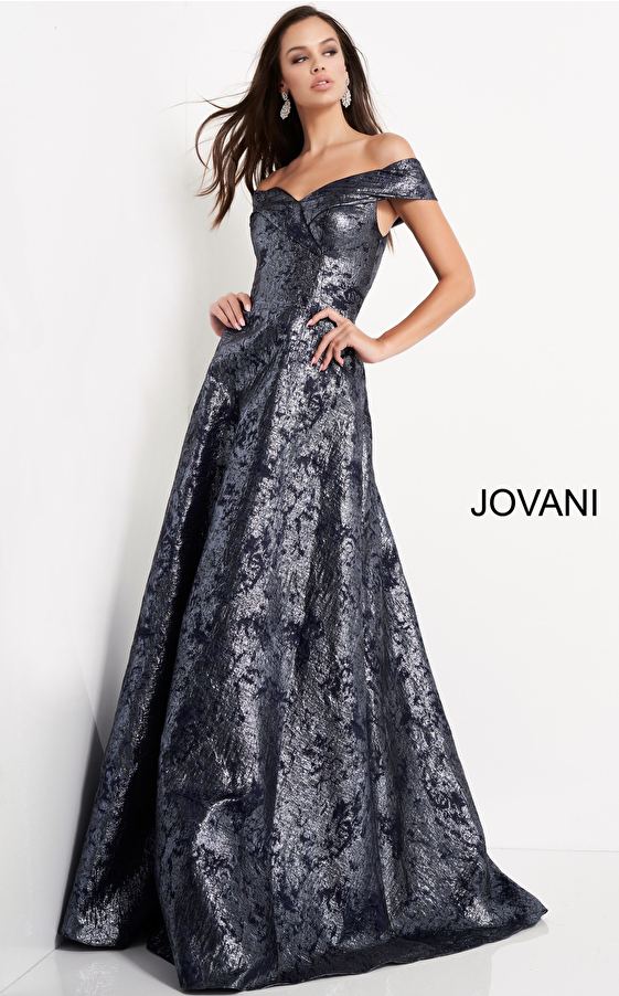 jovani Jovani 03674 Navy Metallic Off the Shoulder Evening Dress