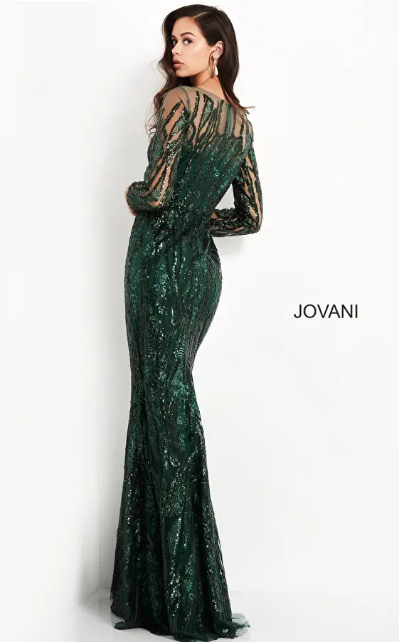 Jovani 03936 Dark Green Sheer Neck Embellished Mother of the Bride Dress