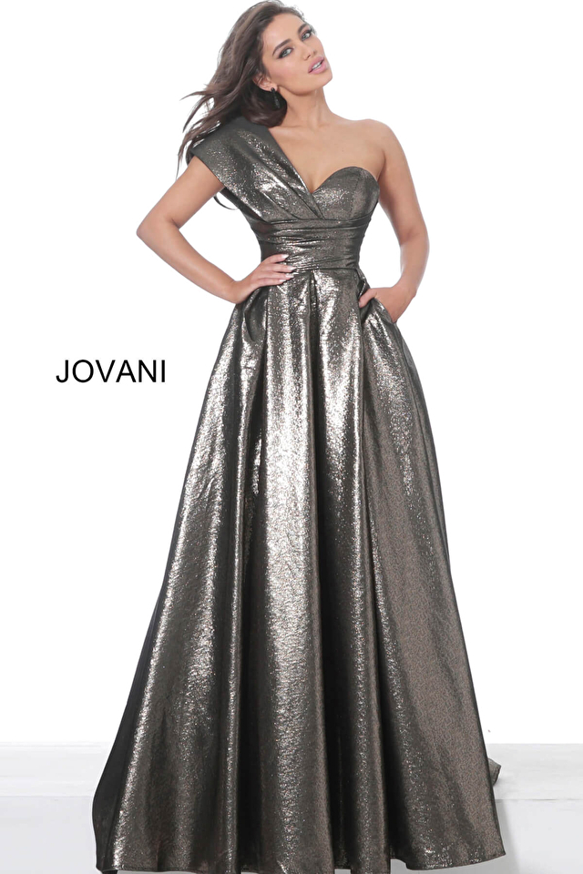 Model wearing Jovani style 04170 gold dress
